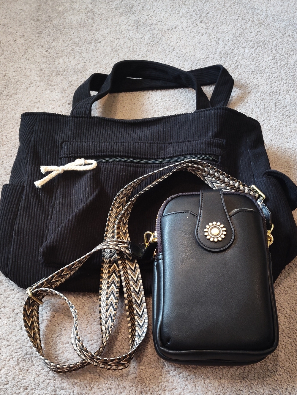 Fashion Bug Black Crossbody Bag with Braided Tan-Black Strap